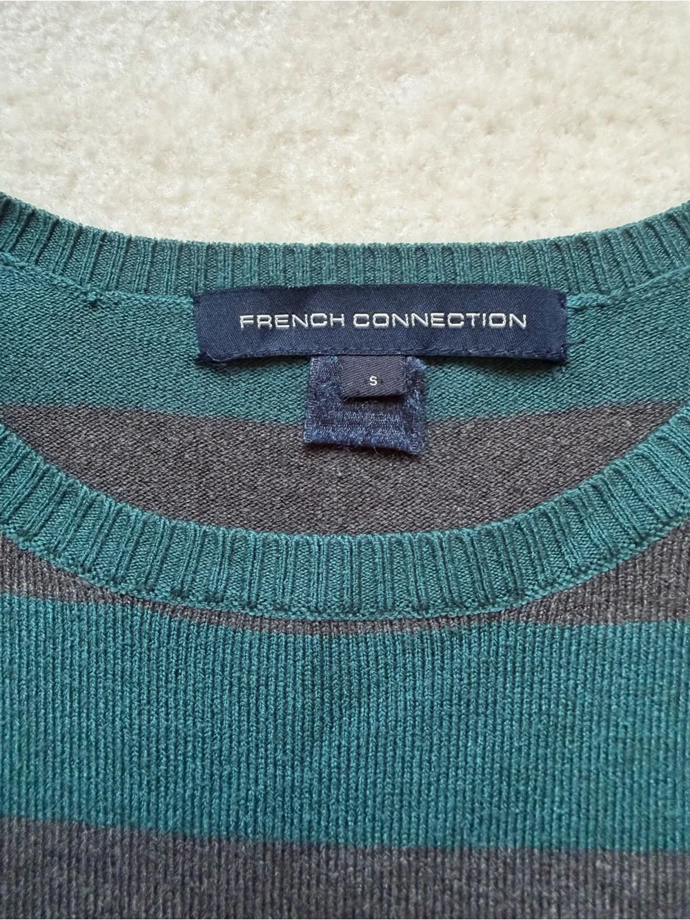 French Connection Teal and Charcoal Striped Crewneck Sweater